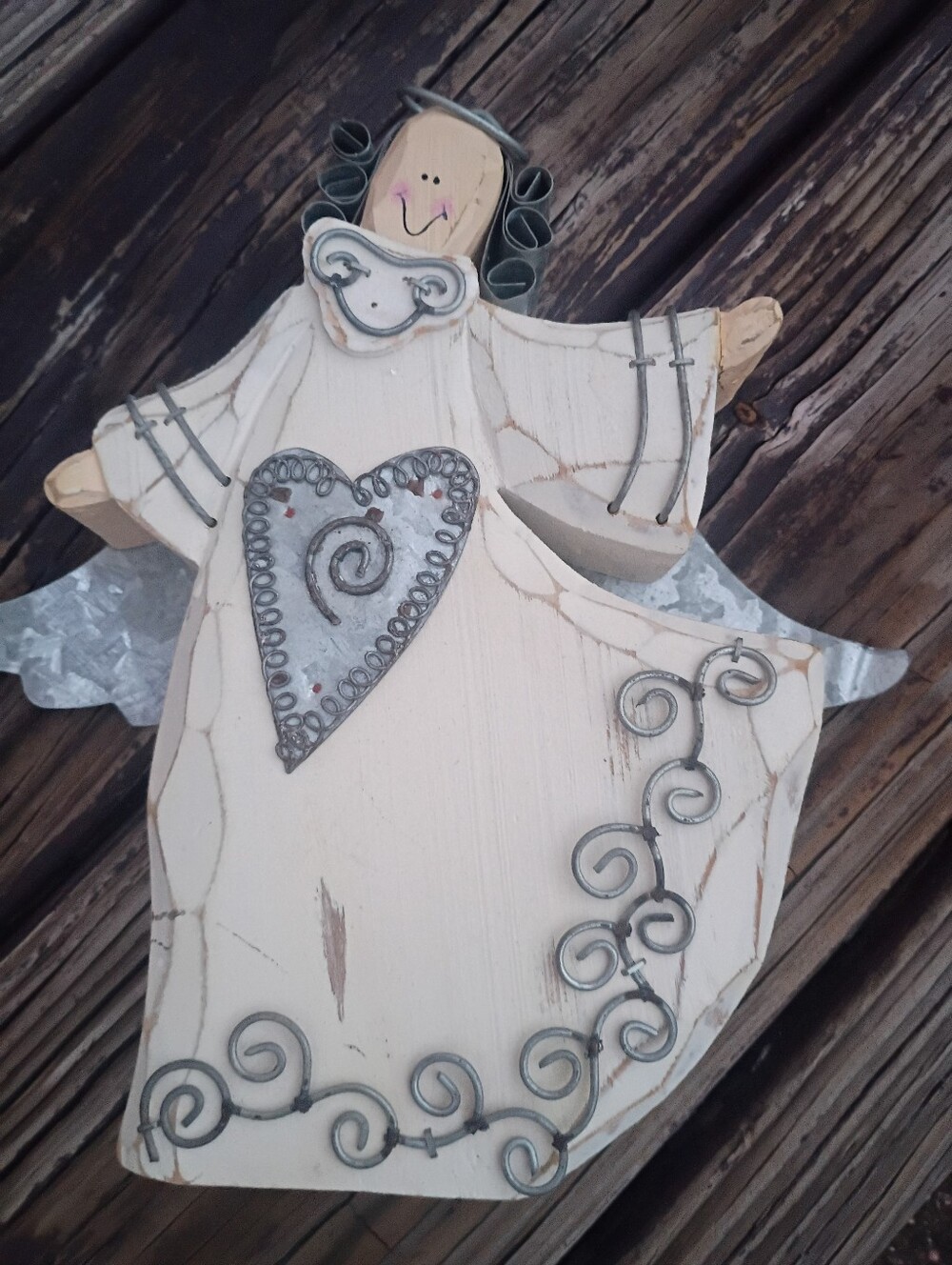 Handcrafted Cream Angel Wall Accent with Metal Heart 8.5 X 5.5 W